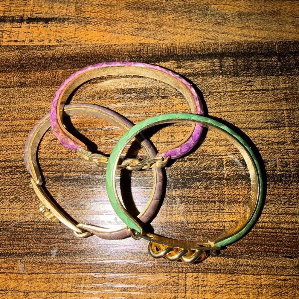 Lot of 3 Vintage Vita Florence 24k Leather Gold Plated bangle bracelets ITALY